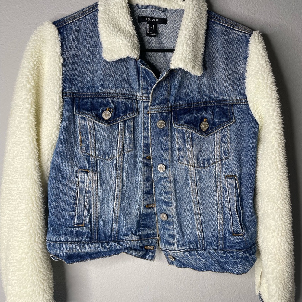 Forever 21 Blue Denim Jacket with Cream Sherpa Trim